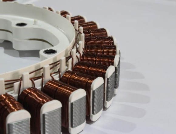 axial flux stator showcasing lamination stacks and copper windings