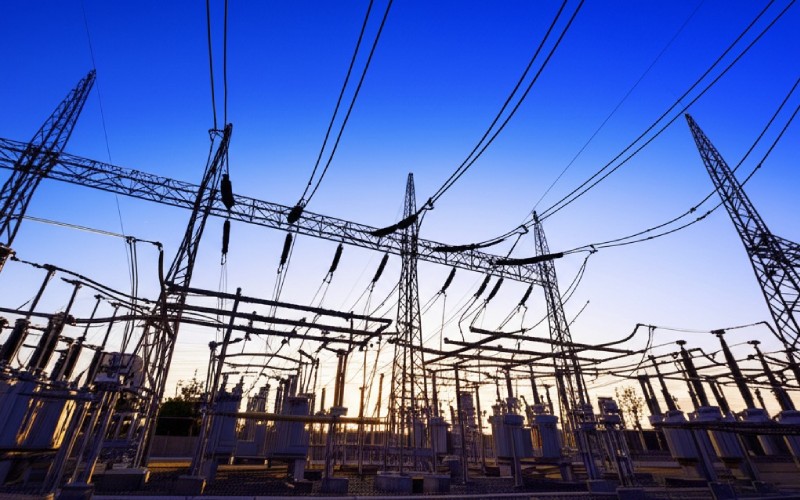 Electrical power substation at dusk
