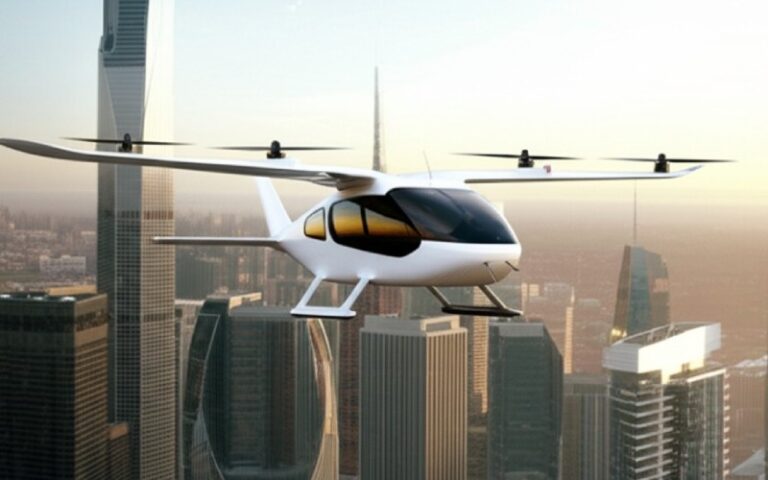 Futuristic eVTOL aircraft flying over city