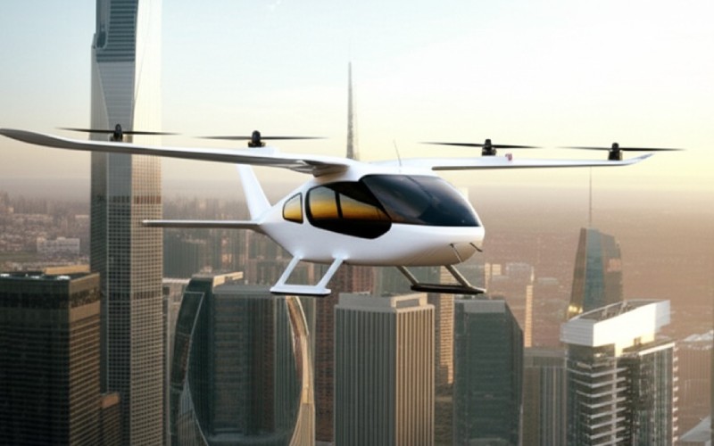 Futuristisches eVTOL-Flugzeug über der Stadt