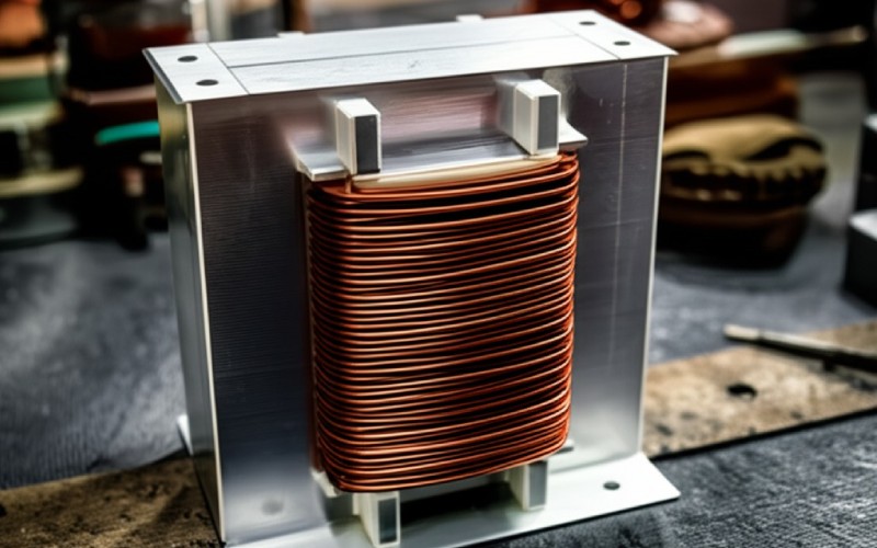 Laminated transformer core with copper coil