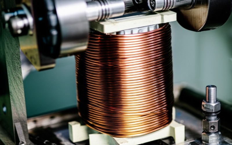 Machine winding a copper coil