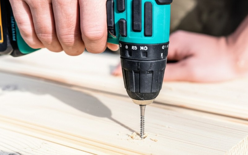 Power drill screwing wood