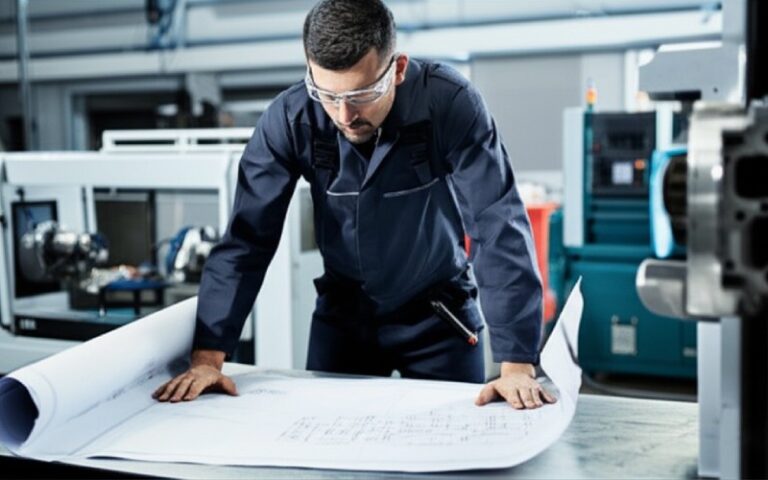 Technician examining blueprint