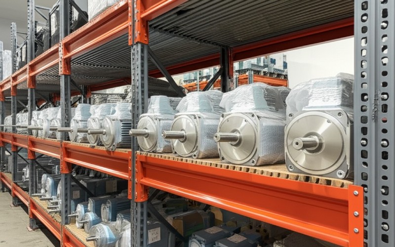 Warehouse shelves with industrial parts