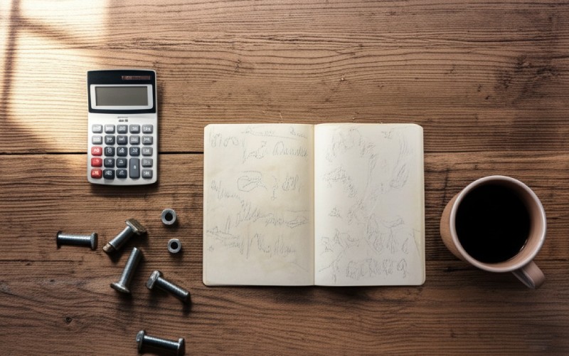 Workbench with calculator notebook.