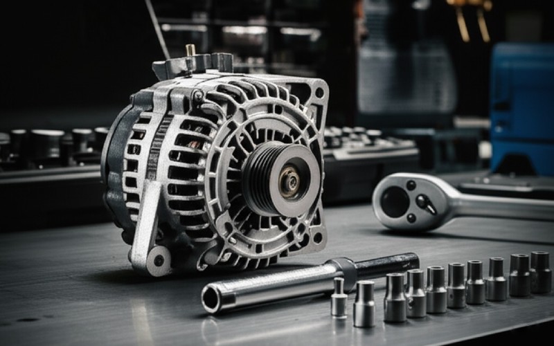 Car alternator and tools on workbench