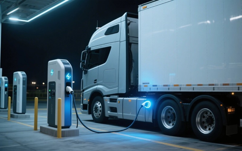 Electric semi truck charging at night