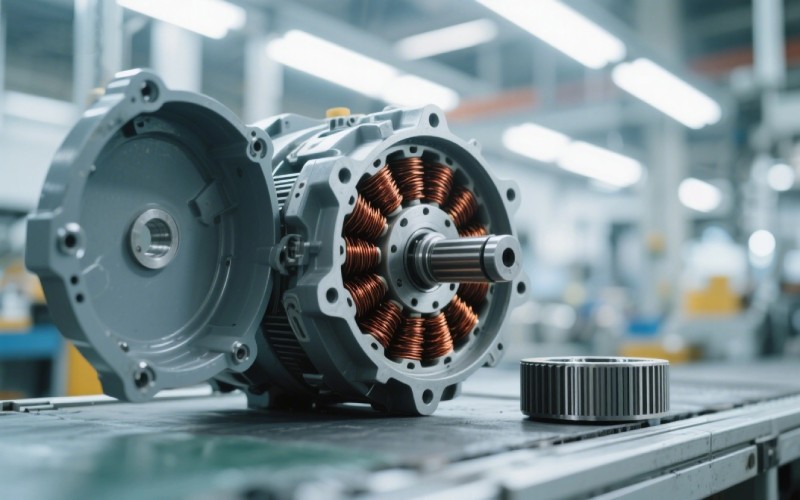 Electric traction motor on a factory assembly line