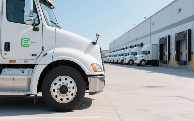 Fleet of electric trucks at a warehouse