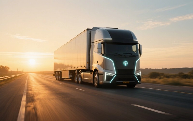 Futuristic electric semi truck at sunrise