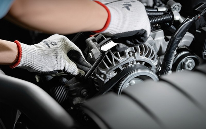 Hands adjusting an alternator belt