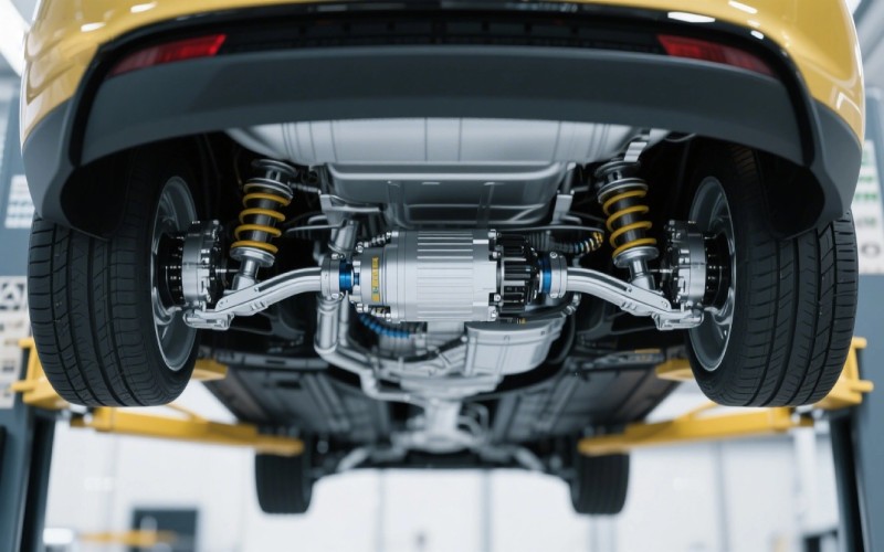 Underneath view of an EV's rear drivetrain