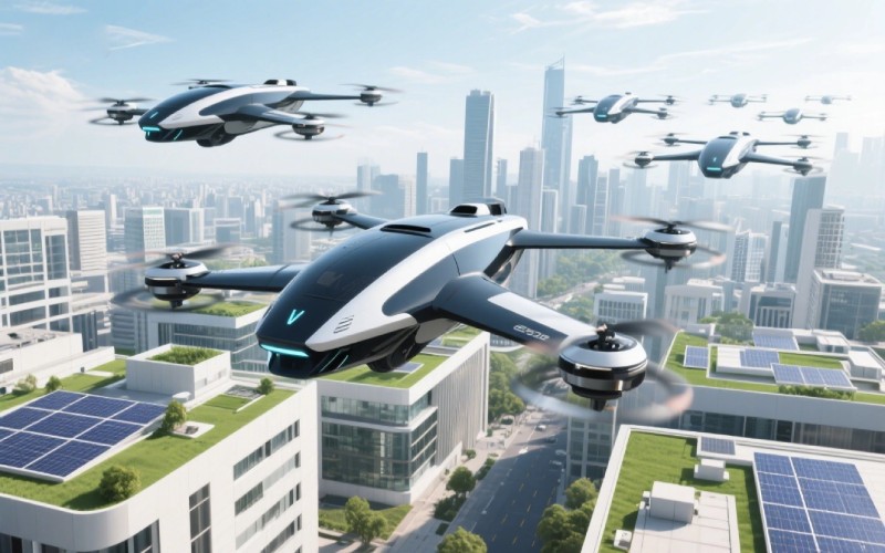 Electric eVTOLs over a futuristic city