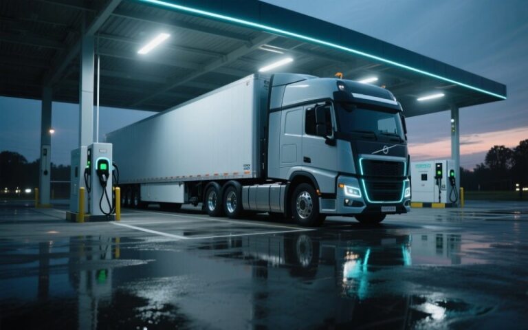 Electric semi-truck at a charging station
