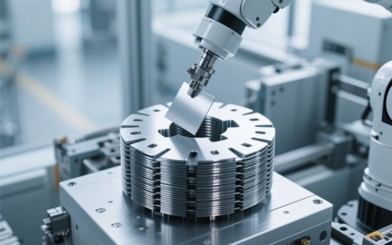 Robotic arm assembling an electrical steel core