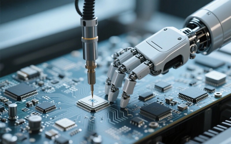 Braccio robotico che esegue saldature di precisione