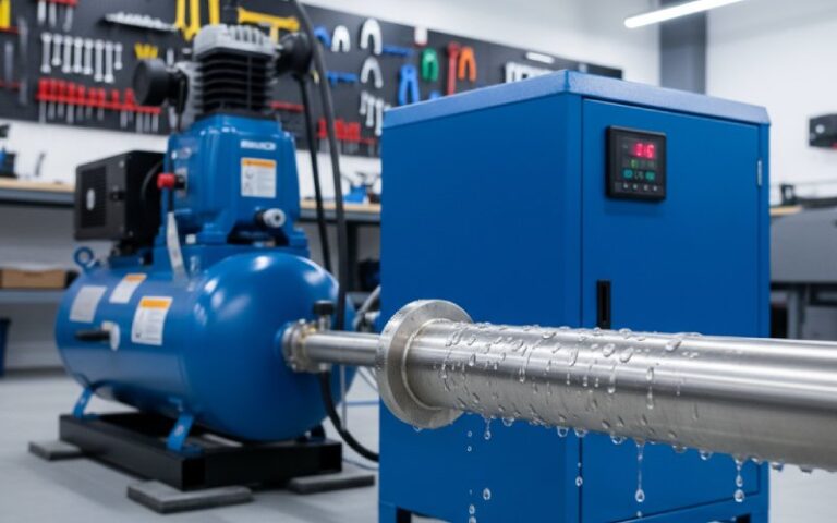 Air compressor and dryer with water on outlet pipe