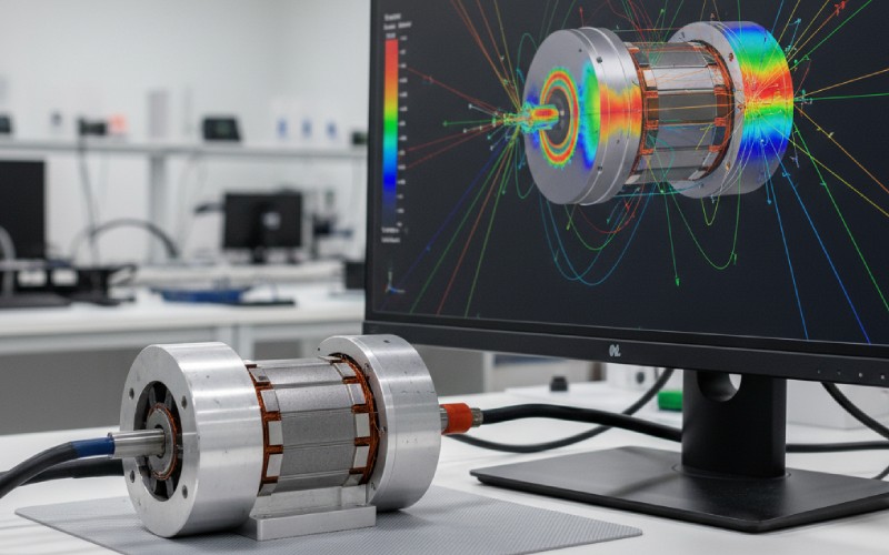 BLDC motor next to its FEM analysis screen