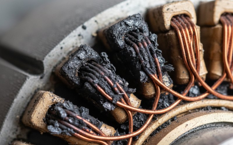 Close-up of a burnt motor winding