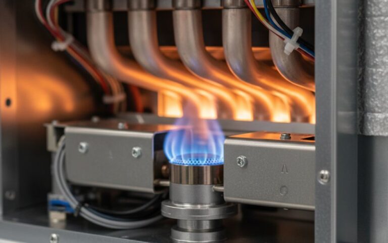 Close-up of a modern furnace's blue gas flame