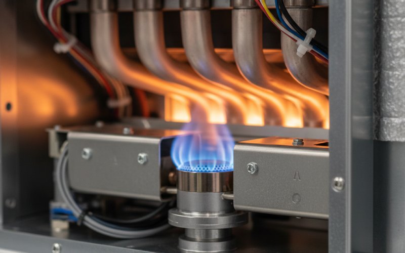 Close-up of a modern furnace's blue gas flame