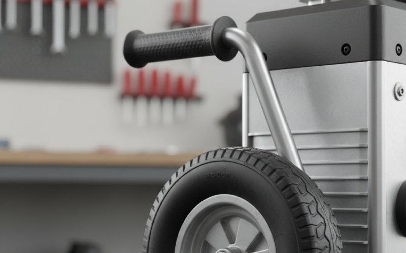 Close-up of a portable air compressor's wheel