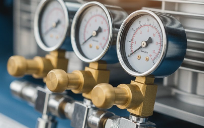 Close-up of air compressor gauges