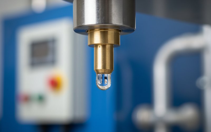 Close-up of an air dryer condensate drain releasing water