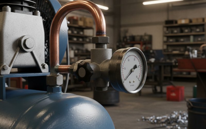 Compressor pressure gauge and output pipe