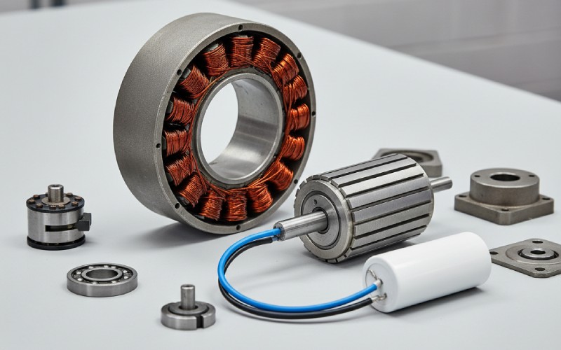 Disassembled motor and capacitor on a workbench