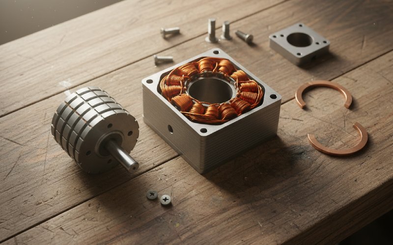 Disassembled shaded pole motor on a workbench