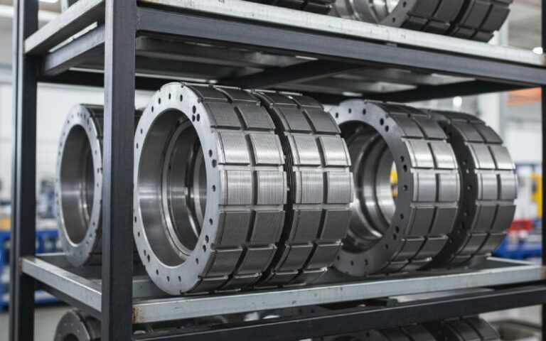 Finished stator cores on a factory rack