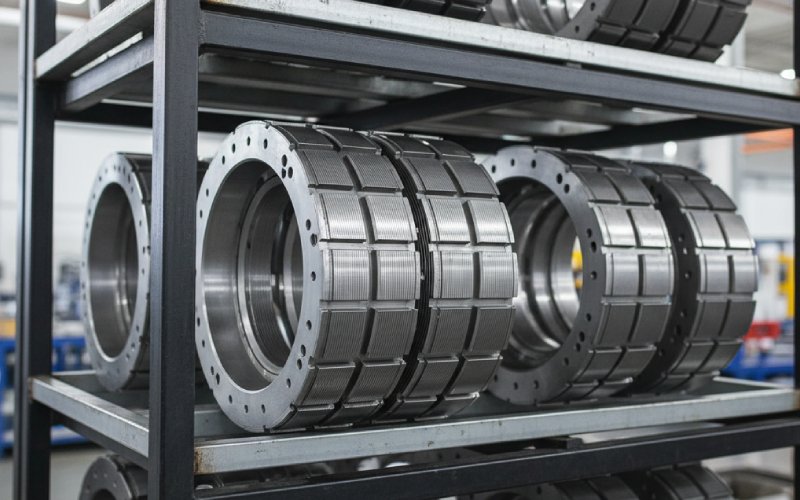 Finished stator cores on a factory rack