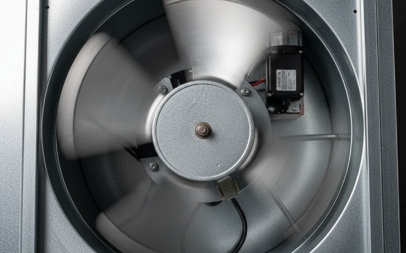 Furnace blower fan in motion inside a cabinet