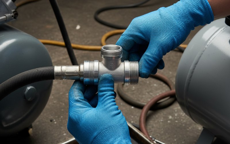 Gloved hands inspecting air compressor pipe fitting
