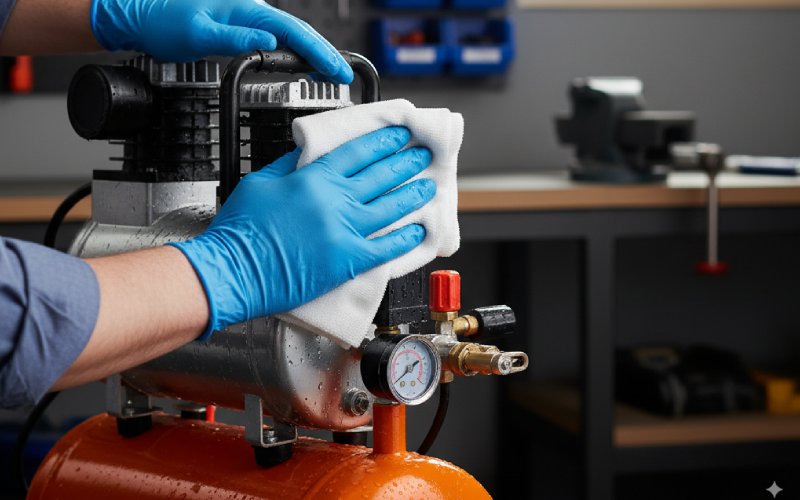 Hands cleaning an air compressor