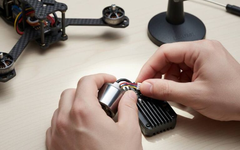 Hands connecting a brushless motor to an ESC