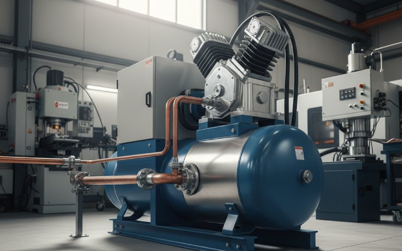 Modern rotary screw air compressor in a workshop