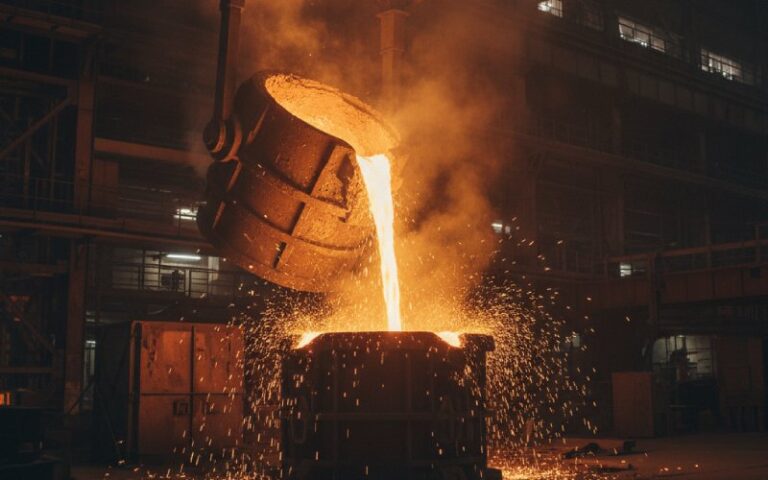 Molten steel pouring in foundry