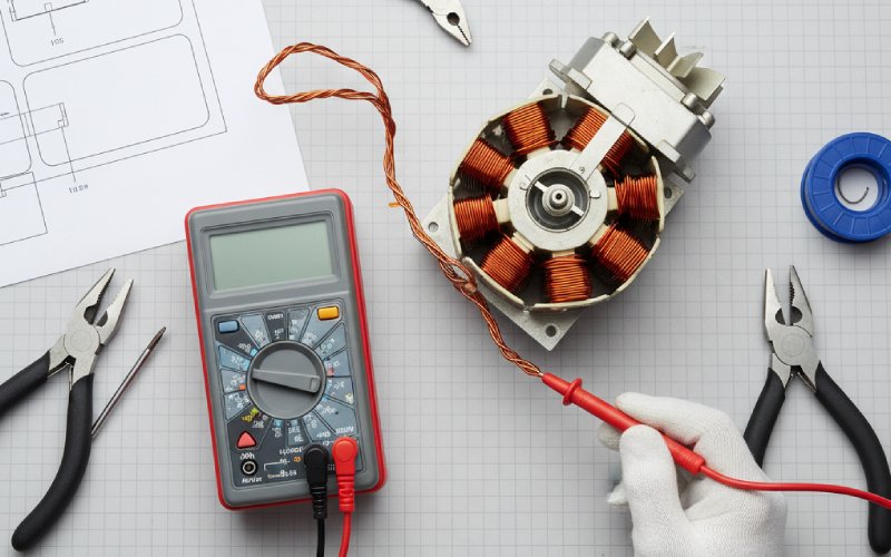 Multimeter testing motor winding leads