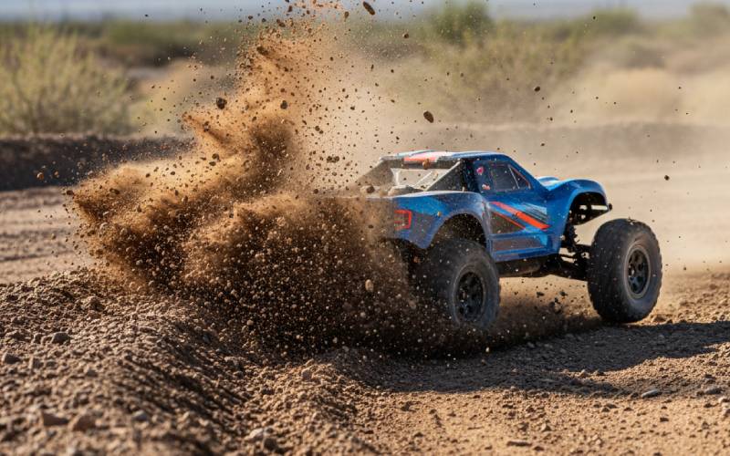 Off-road RC truck kicking up dirt