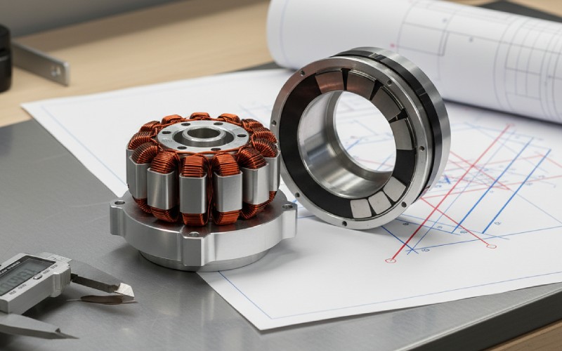 Partially assembled BLDC motor on workbench