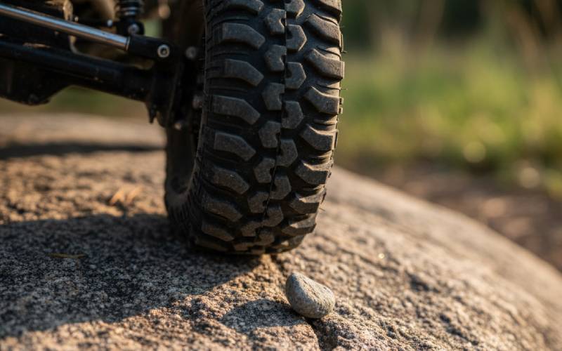 RC crawler tire gripping a rock