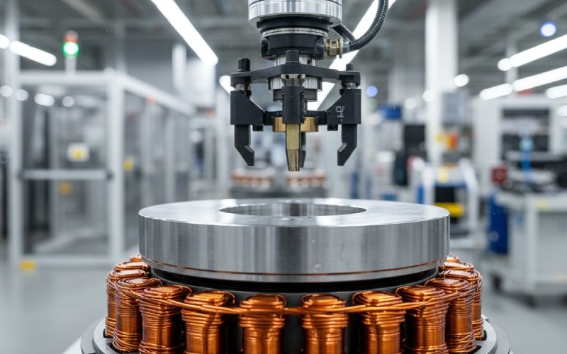 Robotic arm assembling an EV motor