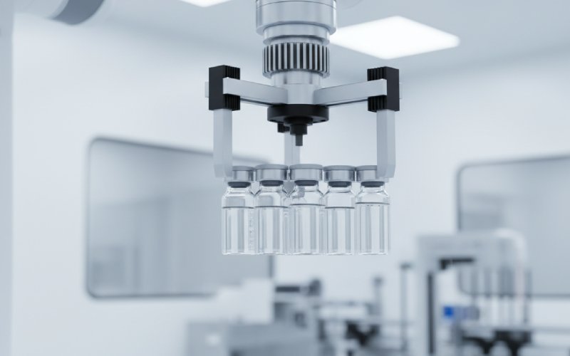 Robotic arm handling sterile vials in a cleanroom