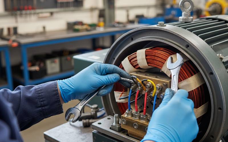 Technician maintaining industrial motor