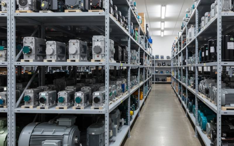 Various industrial motors on shelves