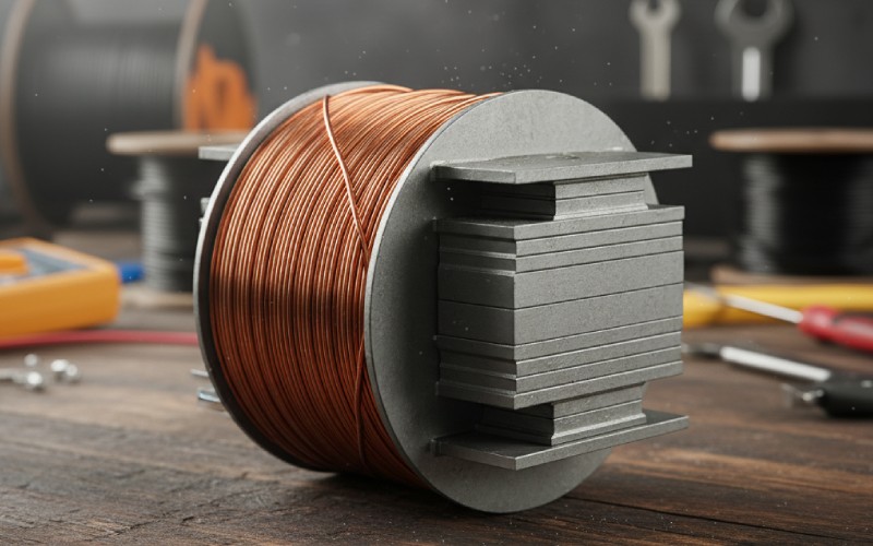 Close-up of a transformer core and coil