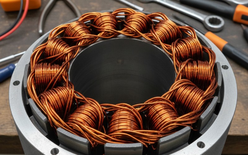 Detailaufnahme der Kupferwicklungen des Motors